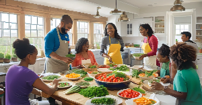 A diverse group of people participating in a nutrition workshop, with a facilitator demonstrating cooking techniques using fresh vegetables.