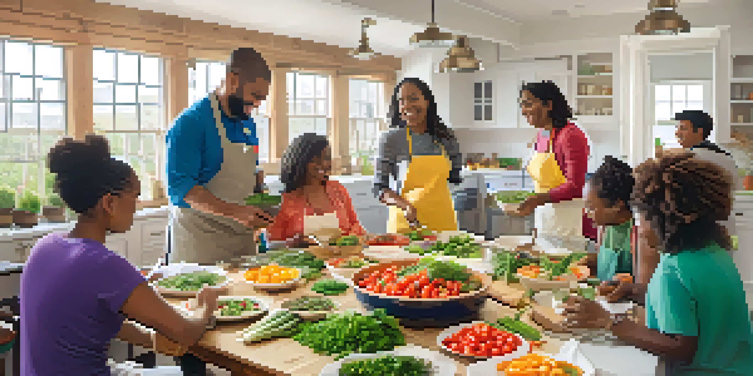 A diverse group of people participating in a nutrition workshop, with a facilitator demonstrating cooking techniques using fresh vegetables.