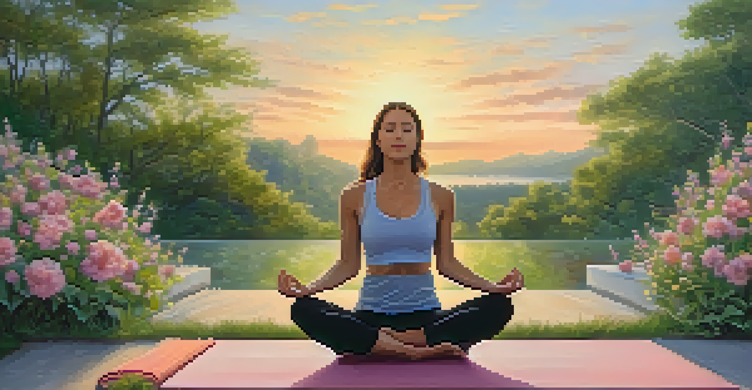 A person practicing Tree pose outdoors at sunrise with a block under their foot, surrounded by lush greenery and blooming flowers.