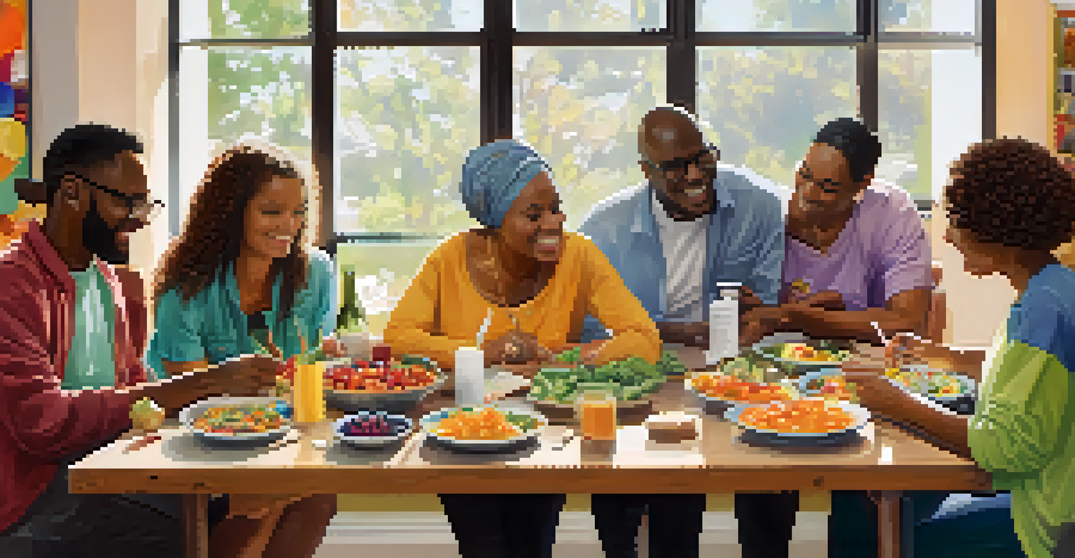 Participants engaged in a nutrition workshop, taking notes and discussing healthy eating around a colorful table.