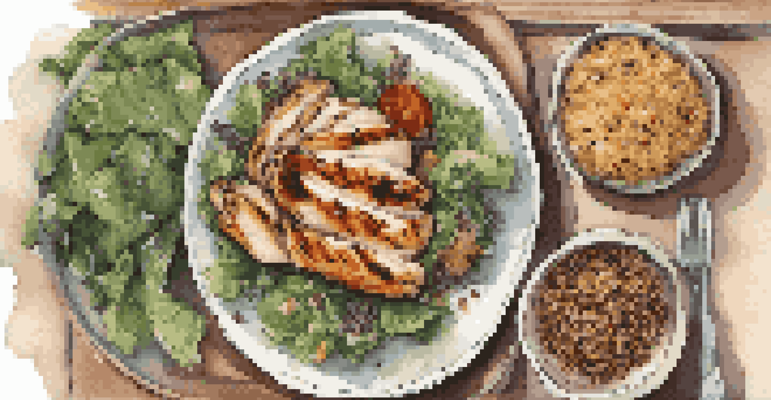 An overhead view of a healthy meal with grilled chicken, quinoa, and mixed greens on a small plate.