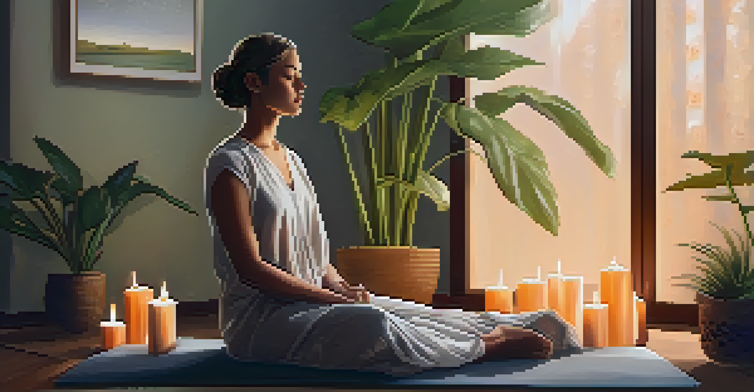 A person engaging in deep breathing exercises in a peaceful environment with plants and soft lighting.