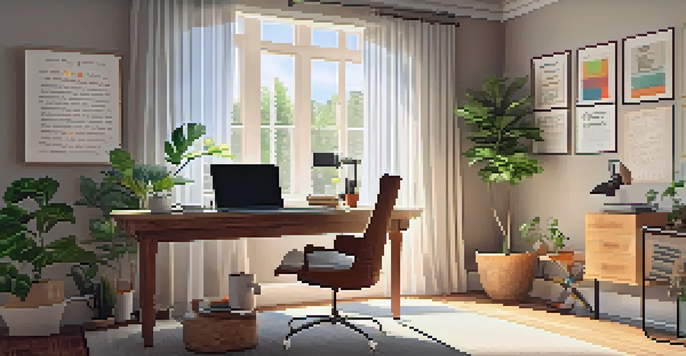 A cozy home office with a wooden desk, laptop, plant, and coffee cup, illuminated by natural light.