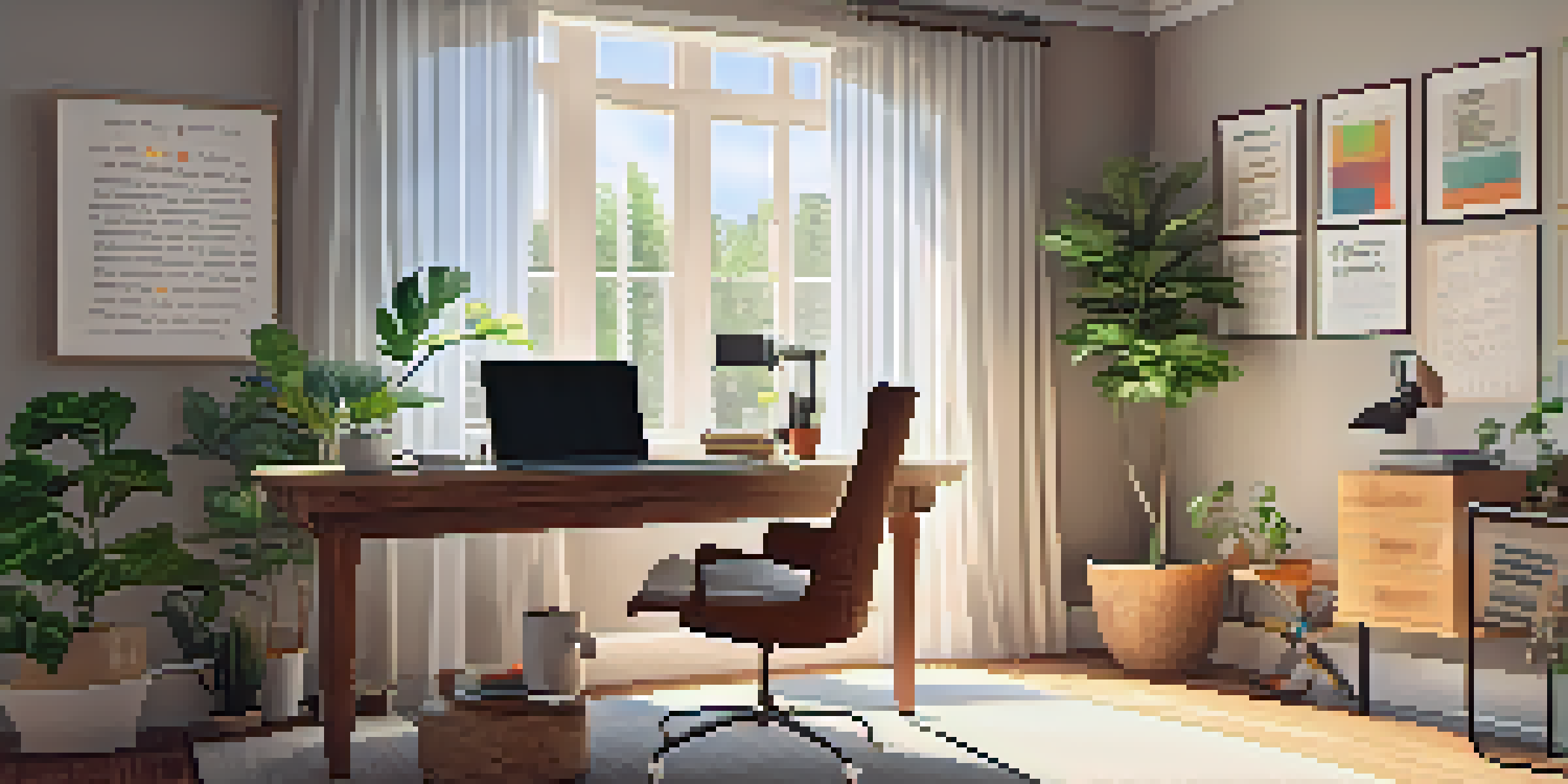 A cozy home office with a wooden desk, laptop, plant, and coffee cup, illuminated by natural light.