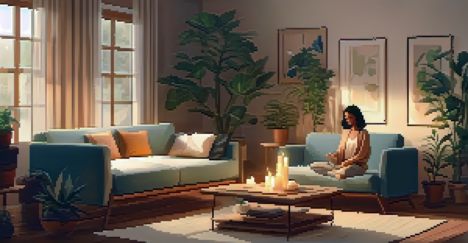A health coach teaching mindfulness techniques to a client in a cozy, candle-lit living room.