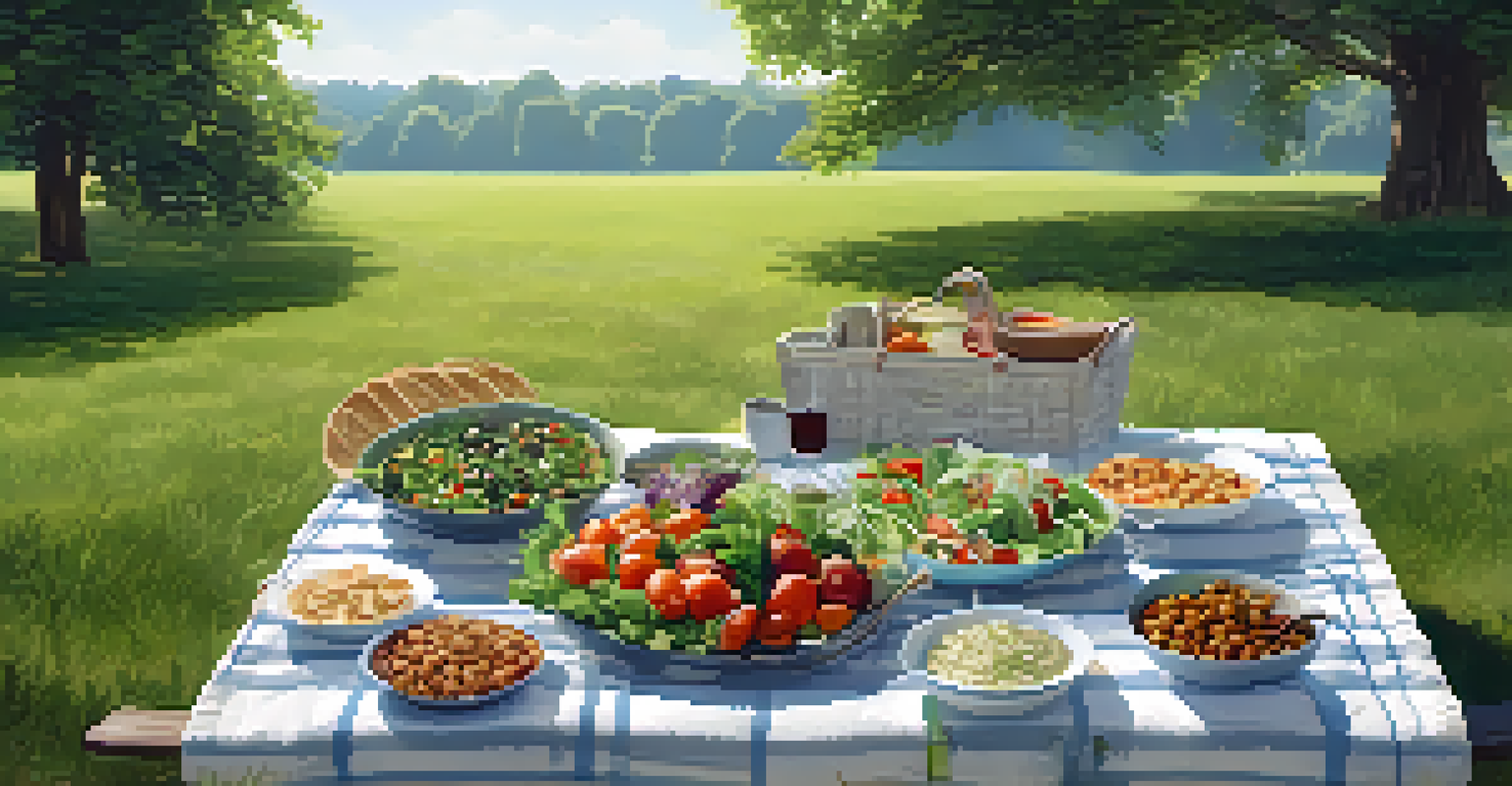 A picnic setup on grass with a variety of plant-based dishes, including salads and roasted vegetables, under the shade of trees.