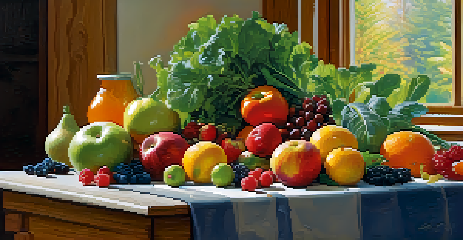 A vibrant still life of fresh fruits and vegetables on a wooden kitchen table, with natural light highlighting the colorful produce.