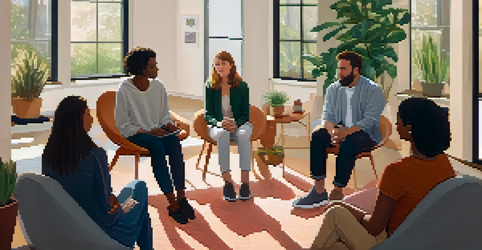 A support group in a cozy room with individuals sitting in a circle, sharing experiences about food allergies and chronic illnesses.