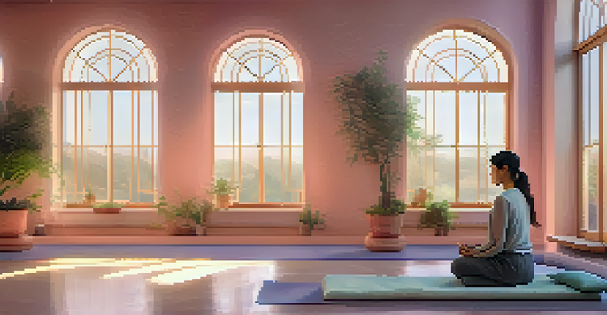 A peaceful indoor meditation space with natural light, cushions, a potted plant, and a person practicing deep breathing.