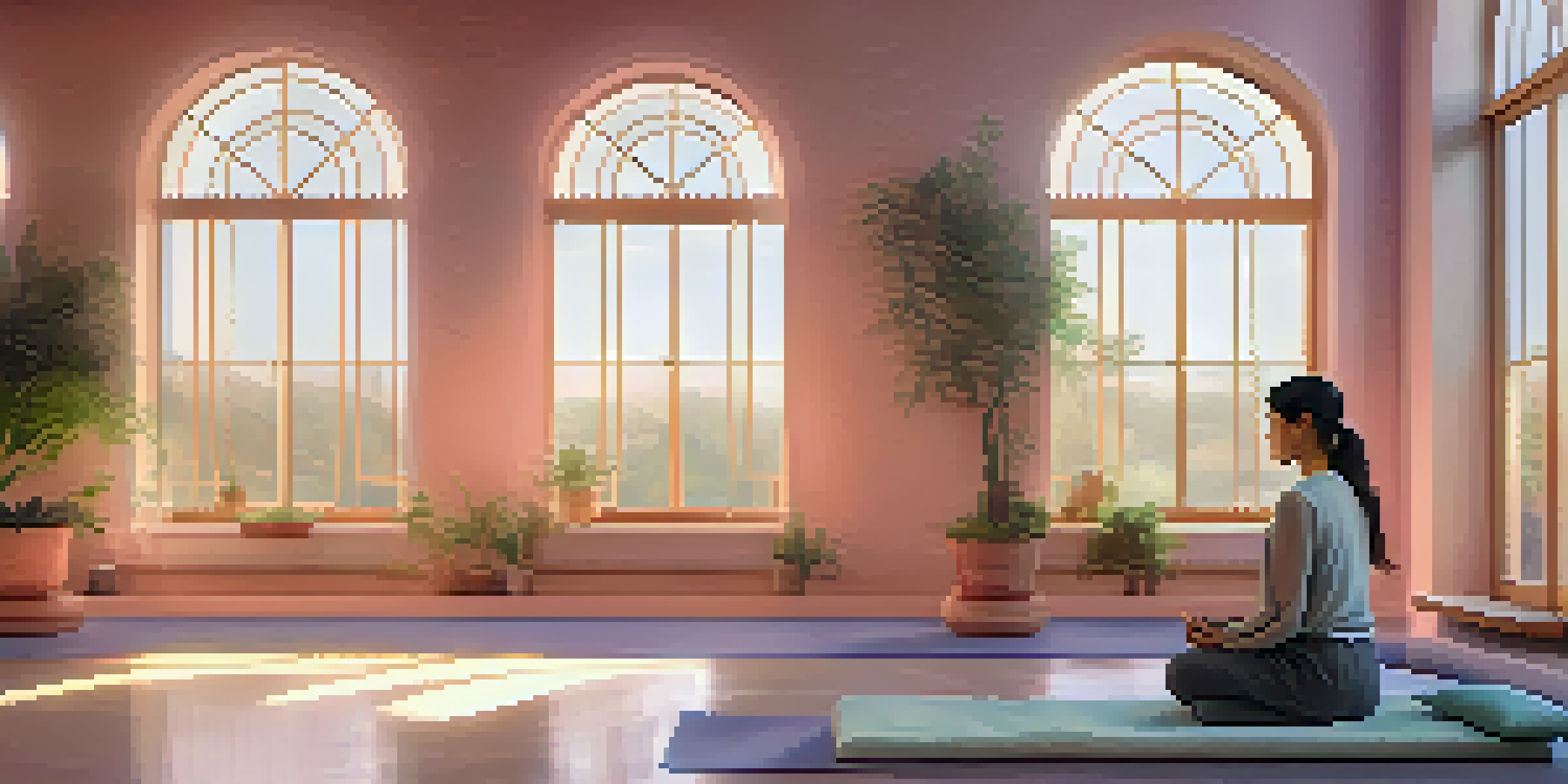 A peaceful indoor meditation space with natural light, cushions, a potted plant, and a person practicing deep breathing.
