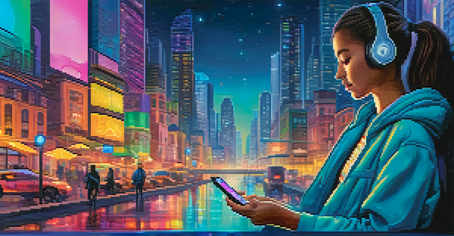 A person using a smartphone with a mental health app in a vibrant city, with a chatbot on the screen offering support, surrounded by colorful city lights.