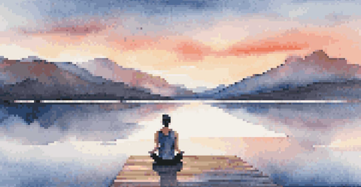 A person practicing yoga on a dock at sunset by a calm lake, with mountains in the background and colorful sky reflections.