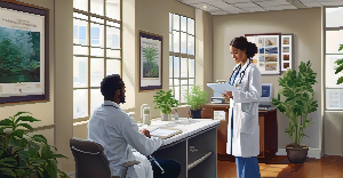 A doctor and patient in a bright, inviting office discussing health check-up results with plants and posters in the background.