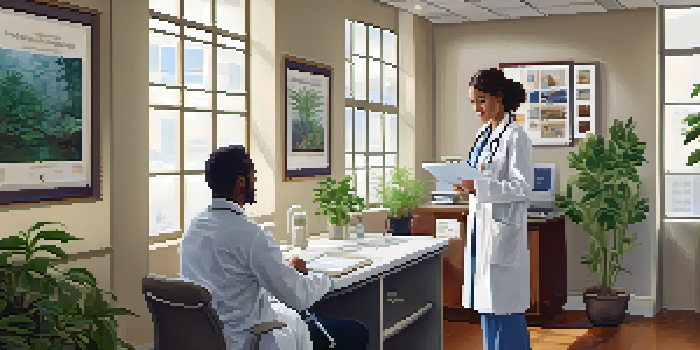 A doctor and patient in a bright, inviting office discussing health check-up results with plants and posters in the background.