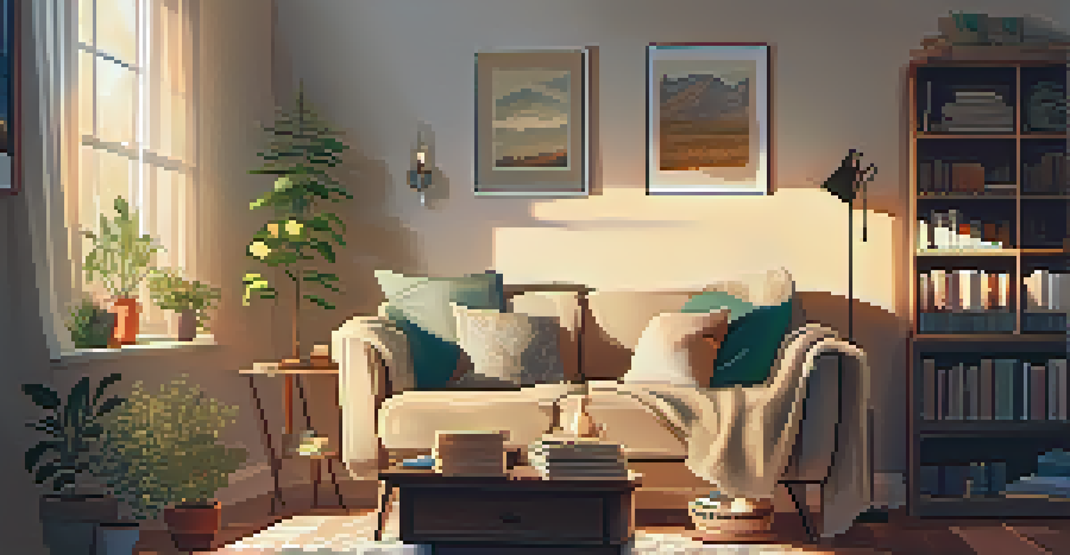 A woman reading a book in a cozy living room, surrounded by warm lighting and comfortable decor, promoting relaxation and mindfulness.