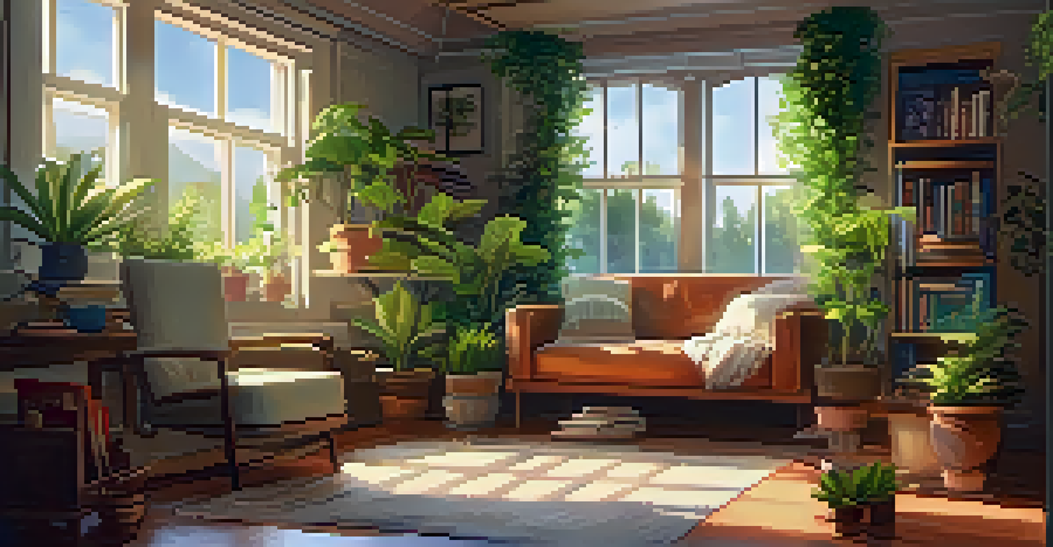 A cozy reading nook filled with books and plants, with a steaming cup of tea on a table, illuminated by sunlight.