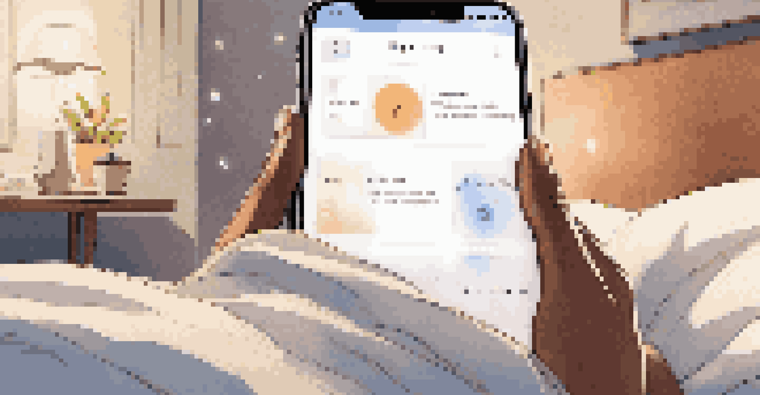 A person in bed using a smartphone app to track sleep, with a soft light ambiance in the room.