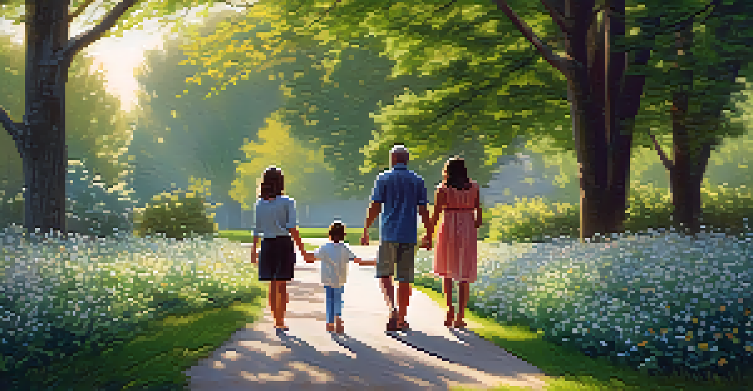 A family enjoying a mindfulness walk in a natural setting, surrounded by trees and flowers, with sunlight filtering through the leaves.