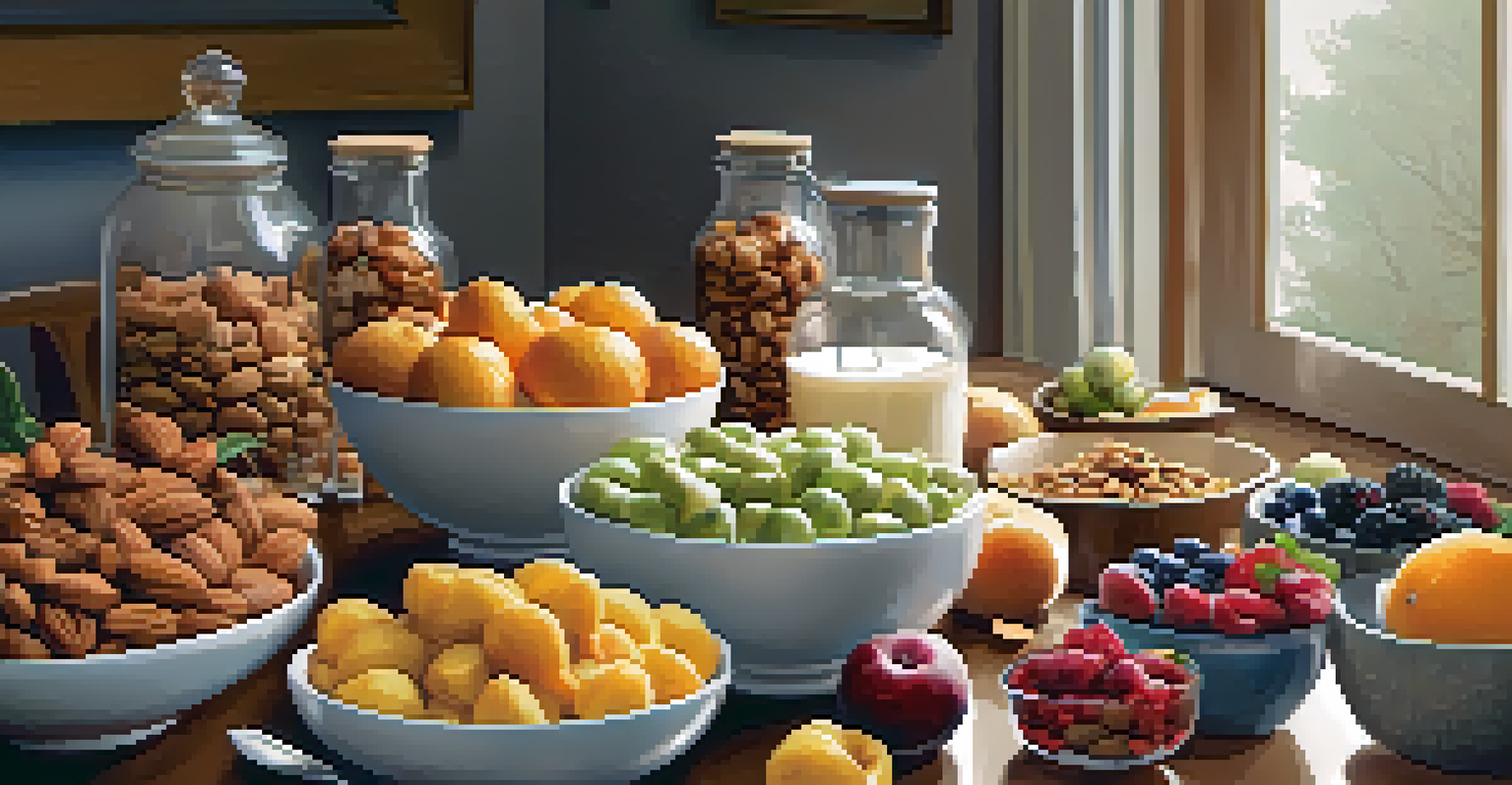 A cozy snack station filled with healthy snacks like nuts and fruits, with a person reaching for a bowl of fresh fruit.