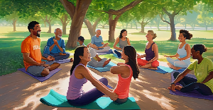 A diverse group of people laughing together during a laughter yoga session in a sunny park, surrounded by green trees.