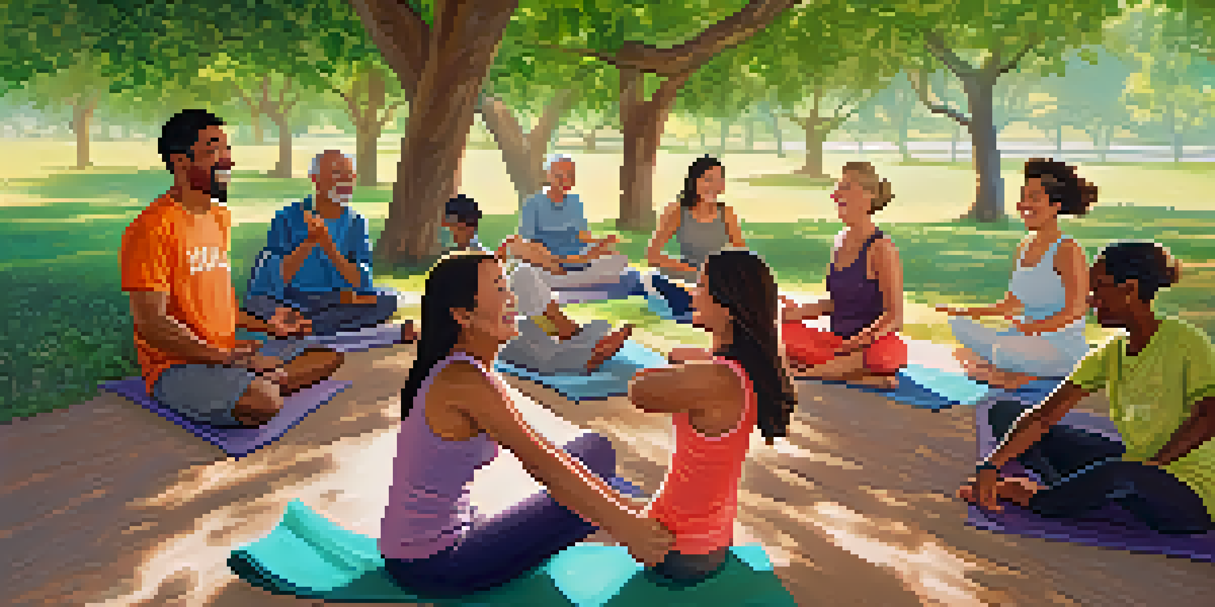 A diverse group of people laughing together during a laughter yoga session in a sunny park, surrounded by green trees.