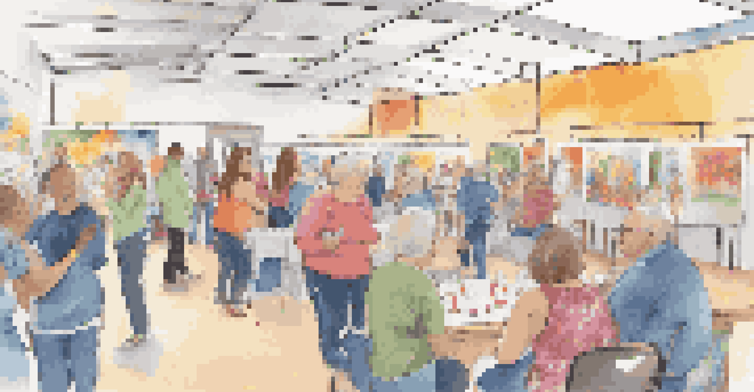 A community event at a center focused on chronic pain awareness, with colorful booths and people engaging in discussions and activities.