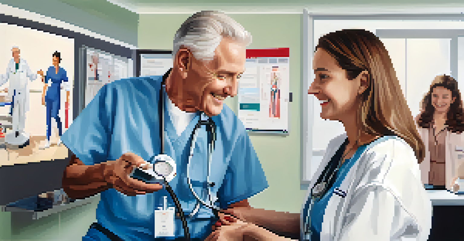 A nurse taking the blood pressure of an elderly couple in a modern clinic.