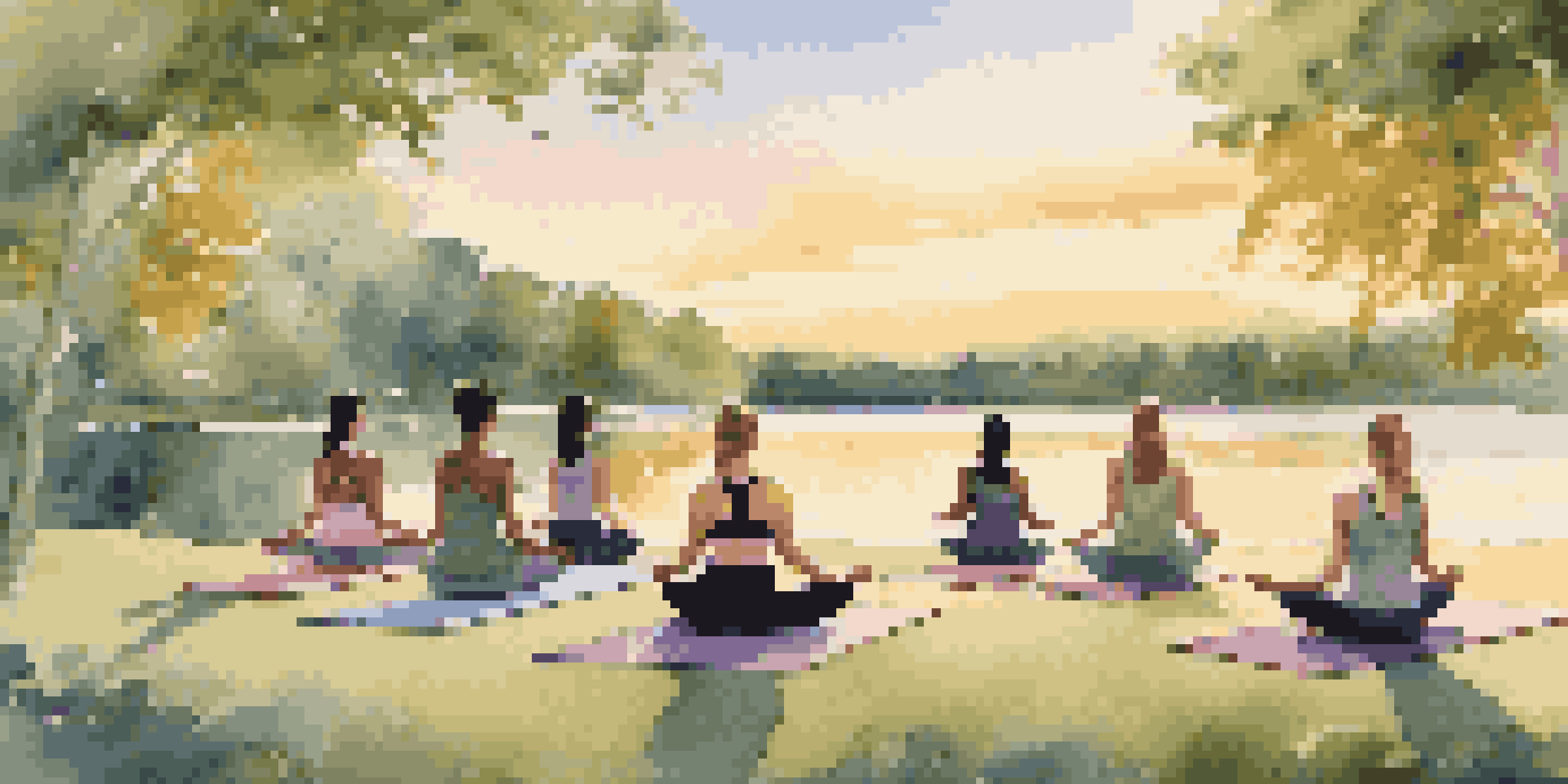A group of women practicing yoga outdoors at sunset, surrounded by nature, showcasing tranquility and mindfulness.