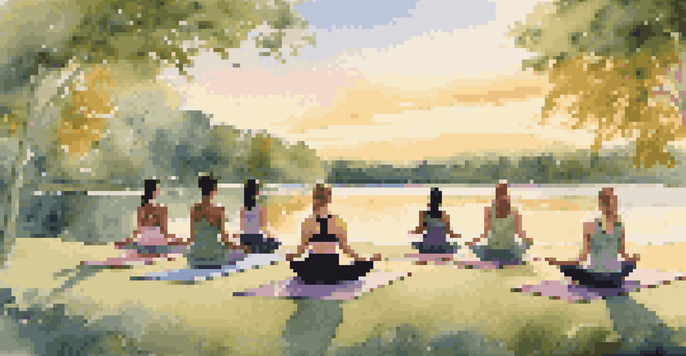 A group of women practicing yoga outdoors at sunset, surrounded by nature, showcasing tranquility and mindfulness.