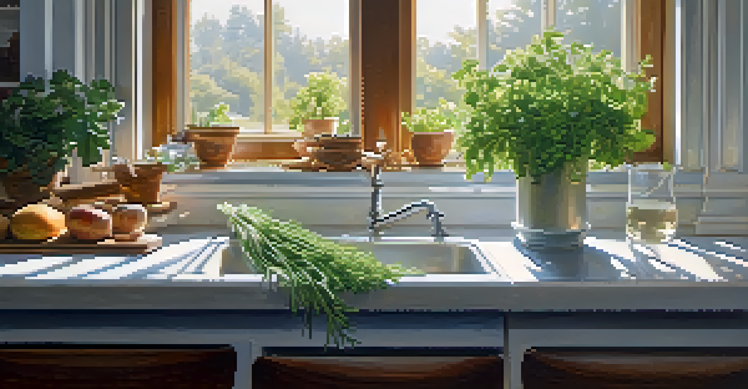 A glass of water on a kitchen countertop surrounded by fresh herbs and whole grains, with sunlight streaming in.