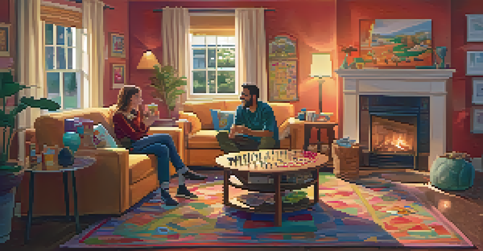 A couple enjoying a game night in a cozy living room, surrounded by board games and laughter.