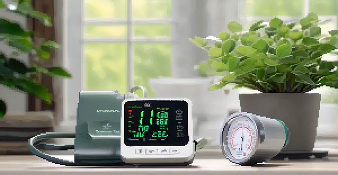 A digital blood pressure monitor showing readings, surrounded by a green plant, with soft lighting.