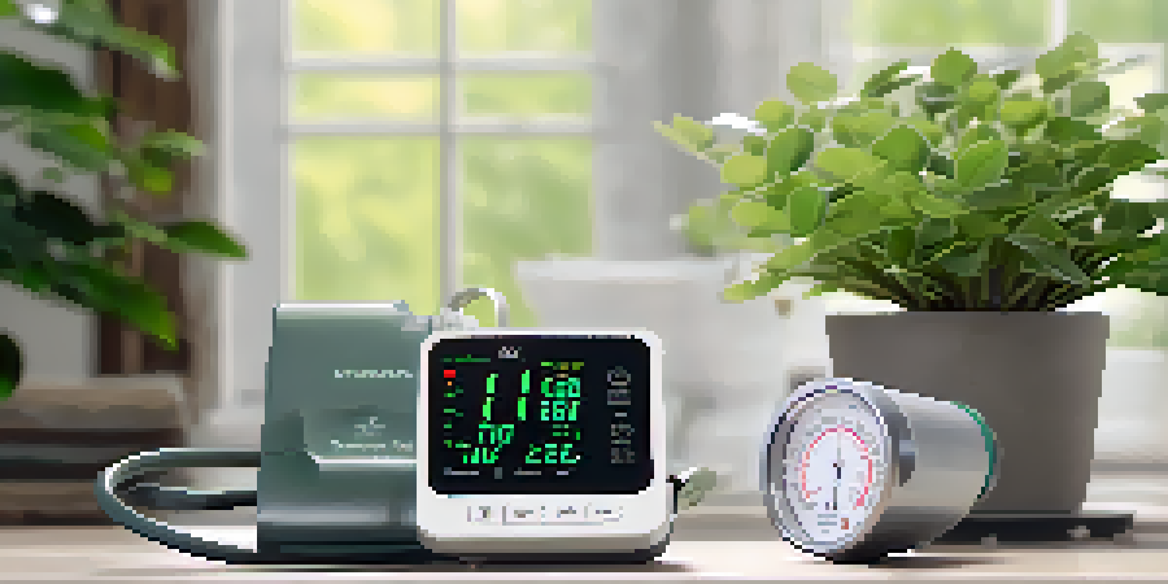 A digital blood pressure monitor showing readings, surrounded by a green plant, with soft lighting.