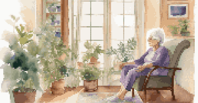 An elderly woman practicing chair yoga in a bright living room, surrounded by plants and natural light.