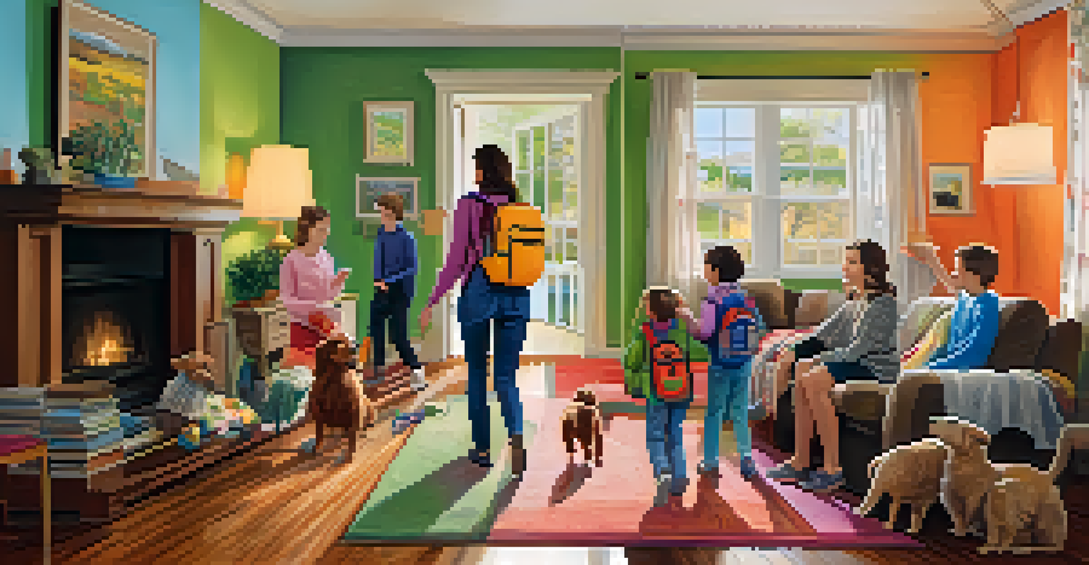 A family conducting an evacuation drill in their living room, showcasing teamwork as they prepare to leave.