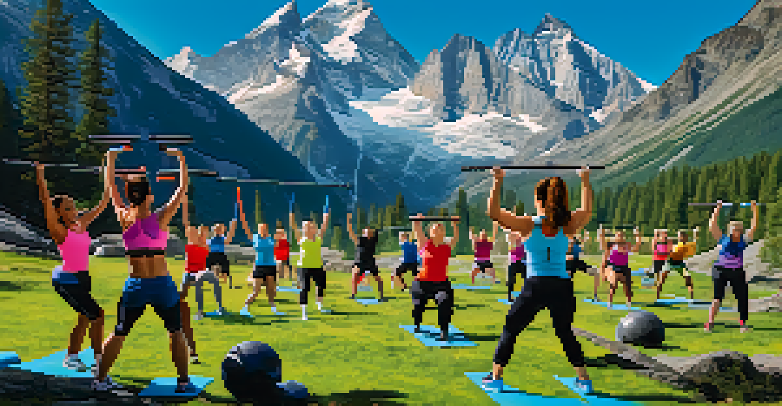 A group of individuals participating in a strength training workout in the mountains with a clear blue sky.