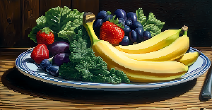 A colorful plate filled with fresh fruits and vegetables, including strawberries, bananas, kale, and eggplant, arranged on a wooden table.