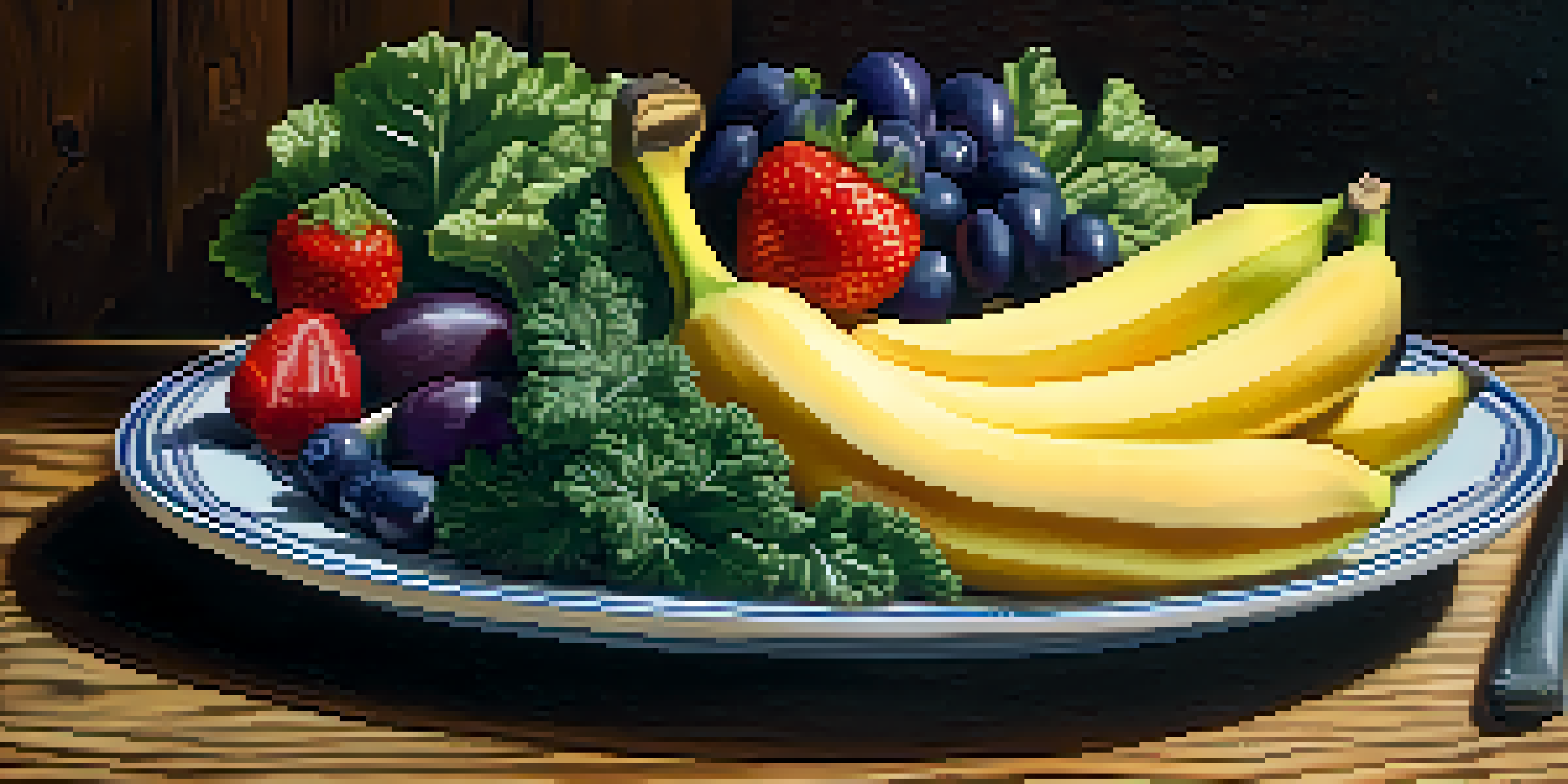 A colorful plate filled with fresh fruits and vegetables, including strawberries, bananas, kale, and eggplant, arranged on a wooden table.