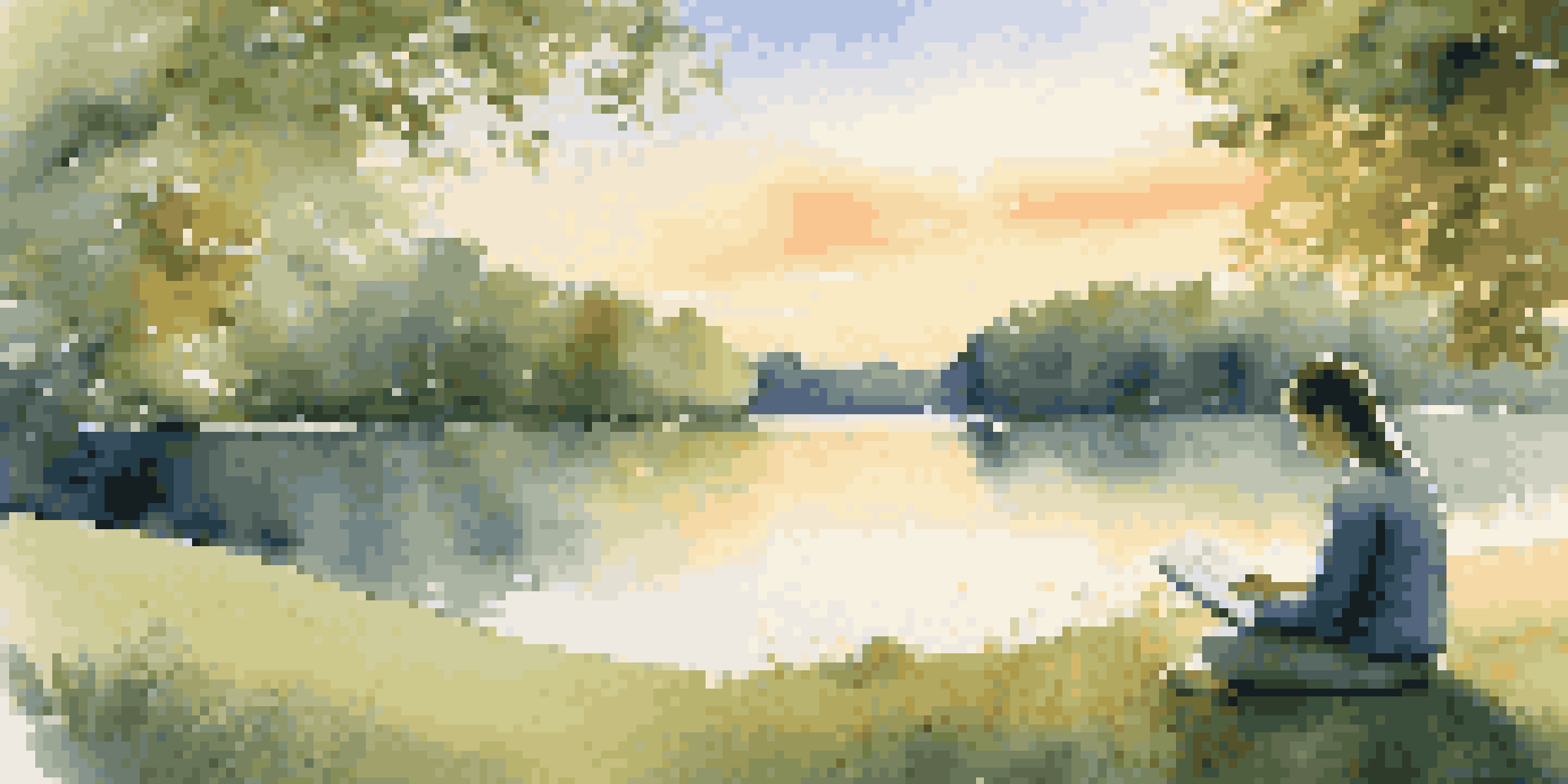 A person sitting cross-legged on the grass by a tranquil lake at sunrise, writing in a gratitude journal surrounded by lush greenery.