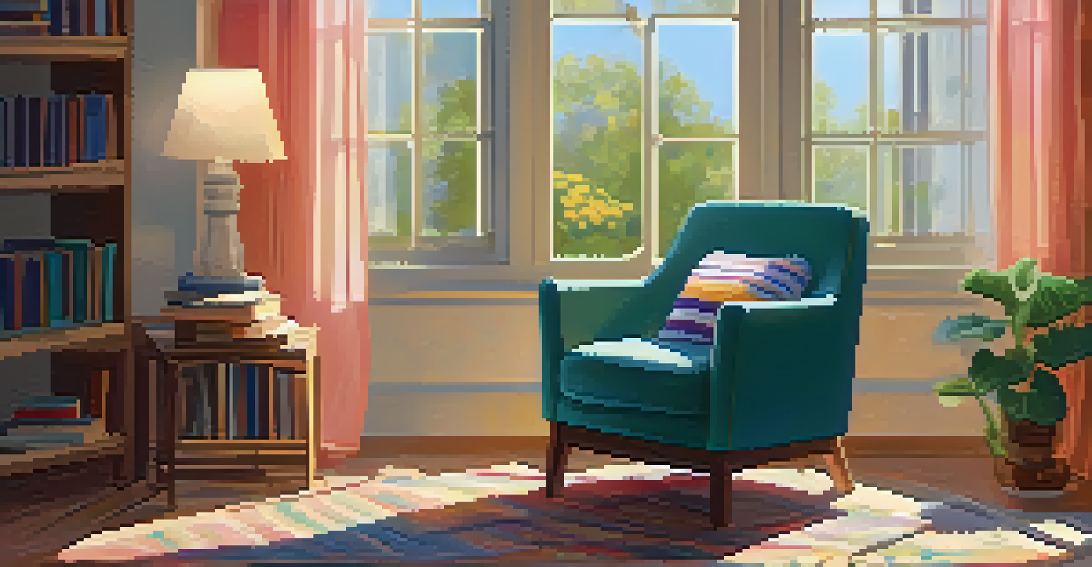 A cozy armchair with a knitted blanket, a bookshelf, and a warm lamp in a living room with a view of a sunny garden.