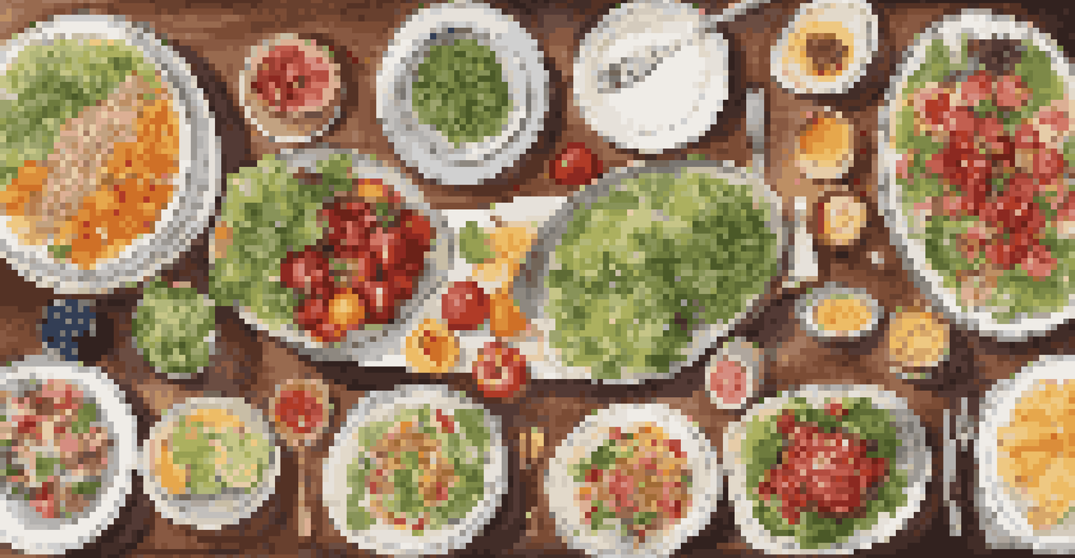 An overhead view of a table filled with colorful healthy dishes, including salads and fruits, with cooking utensils and recipe cards around.