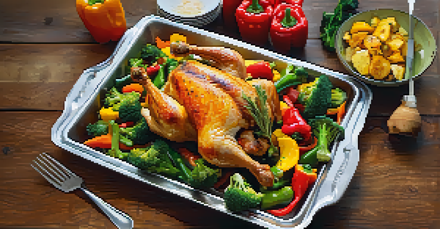 A delicious sheet pan dinner with roasted chicken and colorful vegetables, presented on a rustic wooden table.