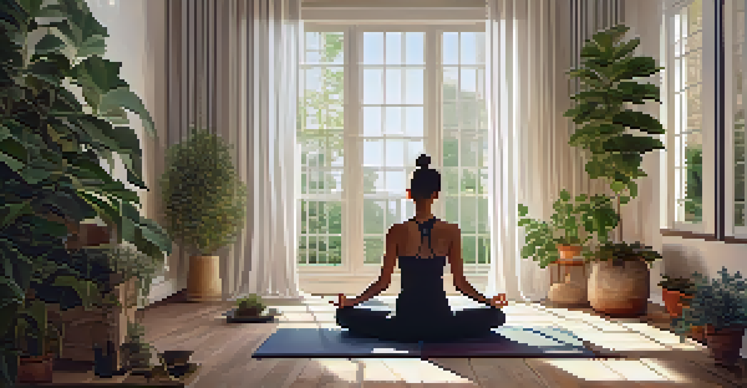 A person meditating in a serene indoor space filled with plants and soft light.