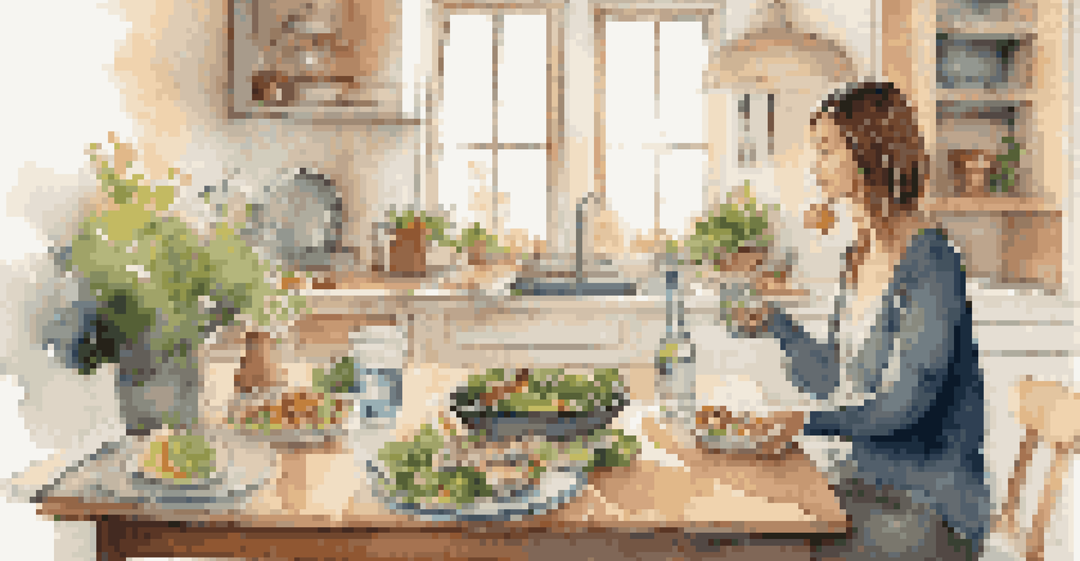 A person sitting at a table enjoying a healthy meal, surrounded by a bowl of salad, grilled fish, and infused water in a warm kitchen setting.