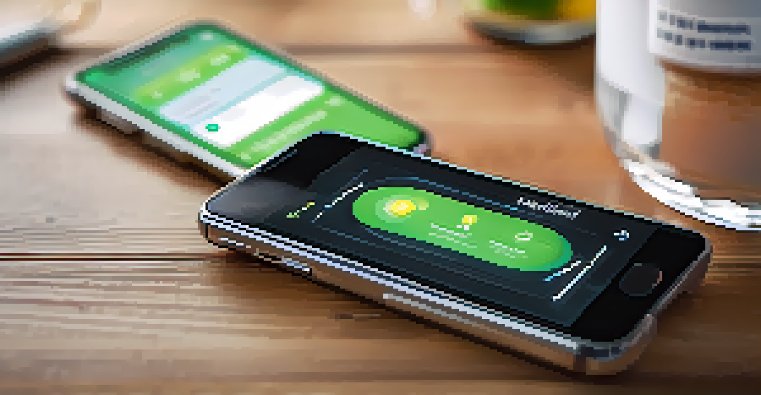 A smartphone showing a health app interface on a wooden table, with a water bottle and notepad in the background.