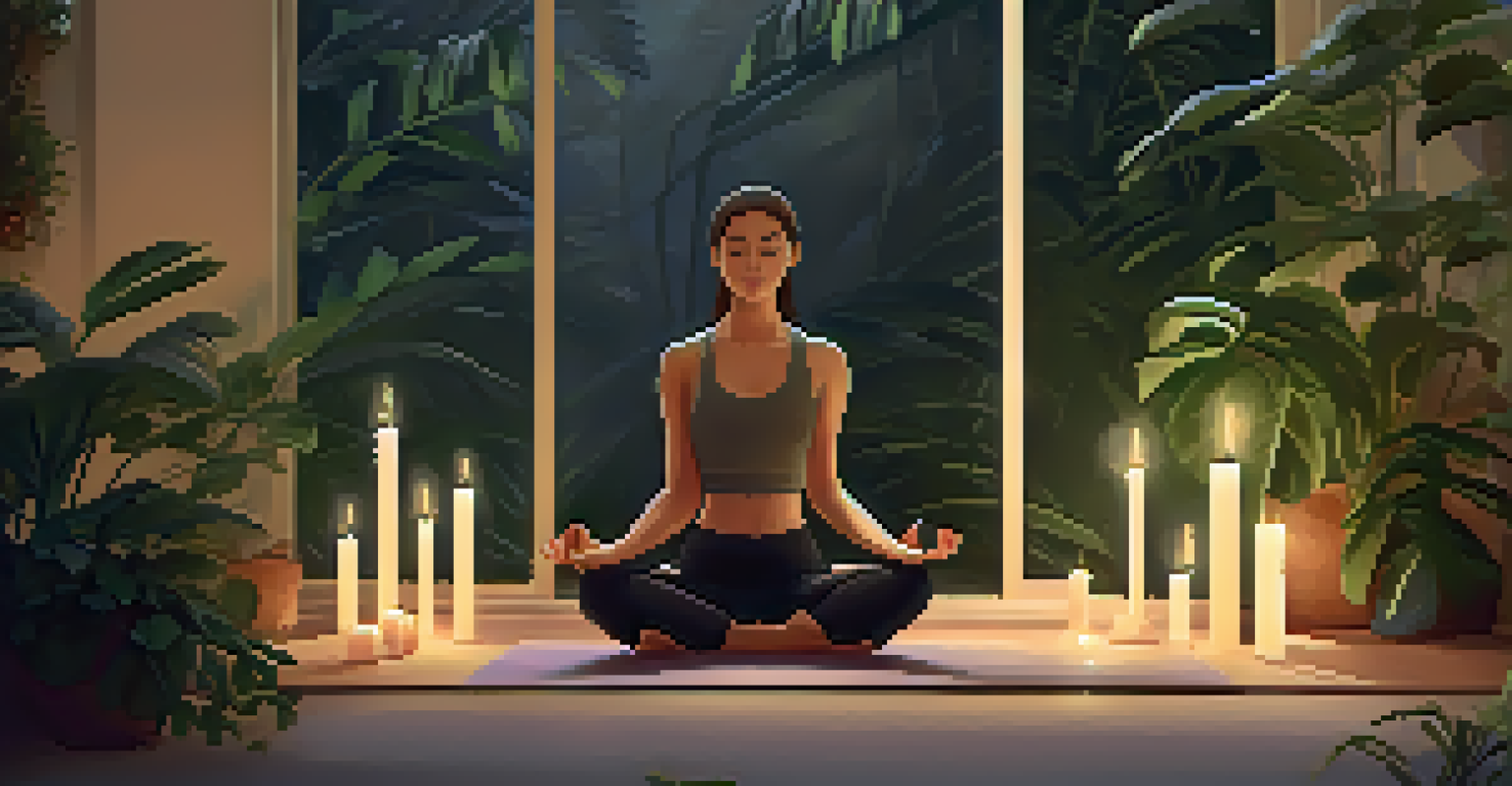A person practicing yoga in a serene space surrounded by plants and soft lighting.