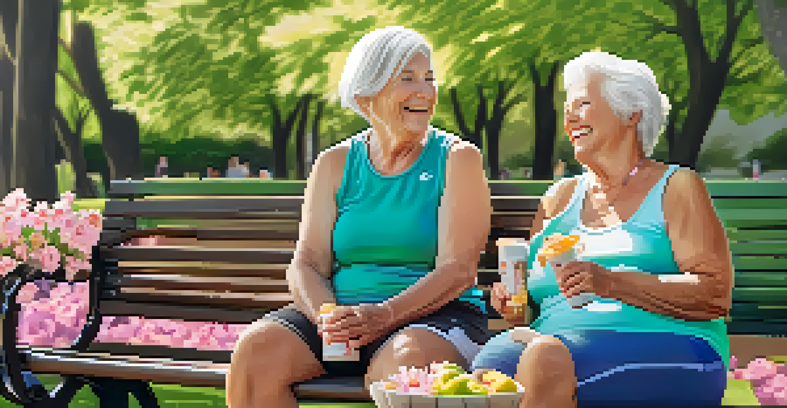 Two senior women sitting on a bench in a park, smiling and enjoying a snack after exercising together.