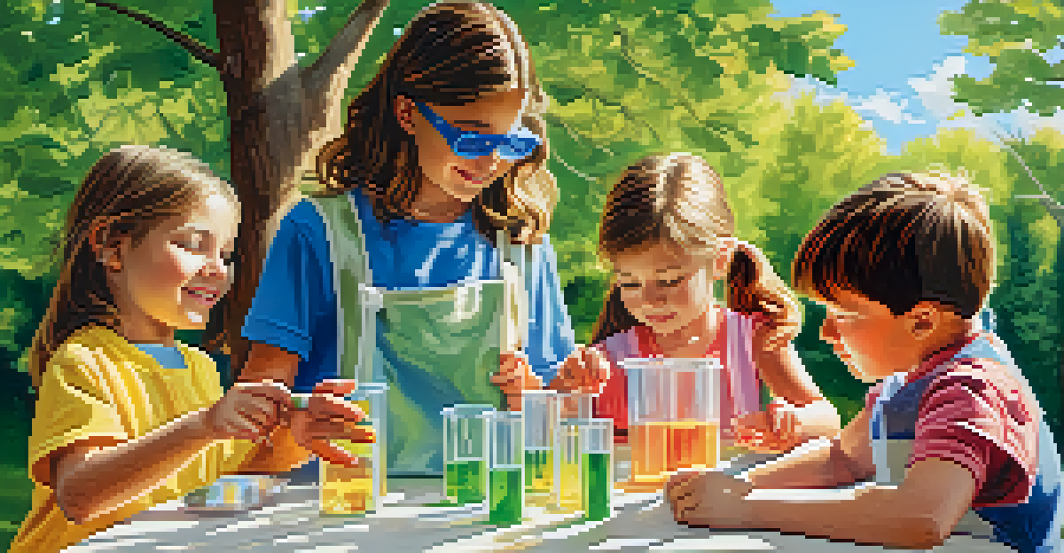Children conducting a science experiment at an outdoor picnic table, mixing colorful liquids in beakers while wearing safety goggles.