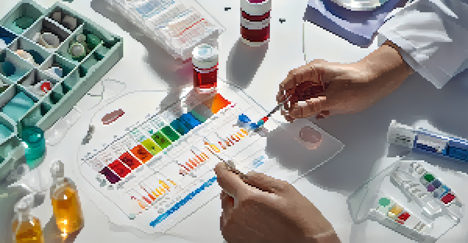 A close-up of a doctor's hands holding a blood test vial with hormone levels, surrounded by medical tools in a bright laboratory.