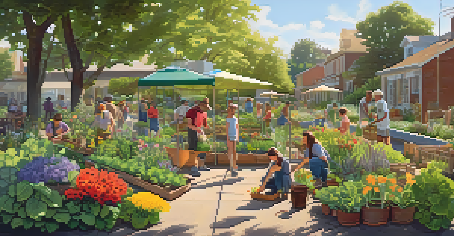 A lively community garden with people of different ages working together, surrounded by colorful plants and flowers under the warm sunlight.
